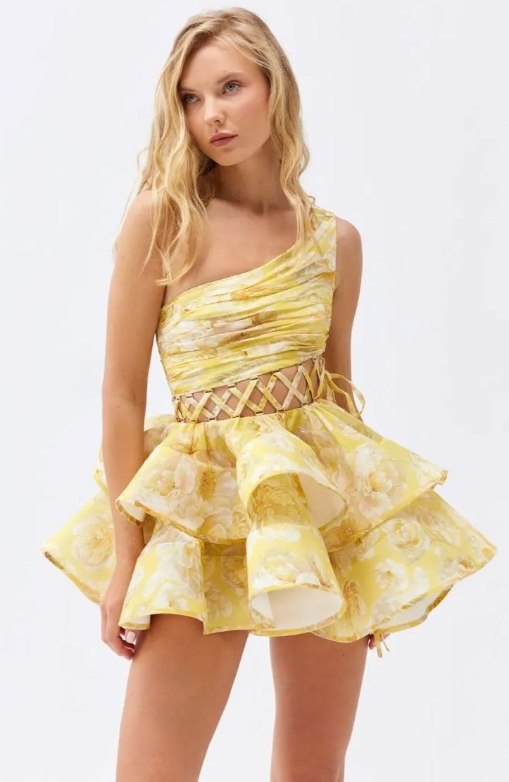 Andrea Floral Printed One-shoulder Mini Chiffon Dress Mssaz Desses