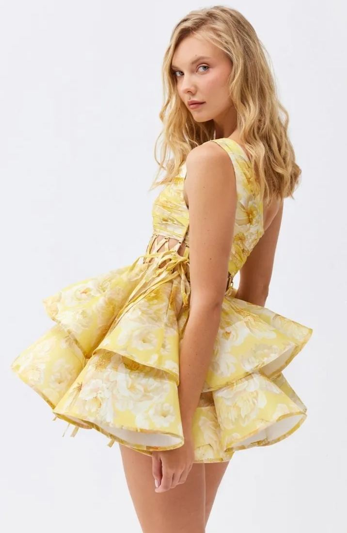 Andrea Floral Printed One-shoulder Mini Chiffon Dress Mssaz Desses