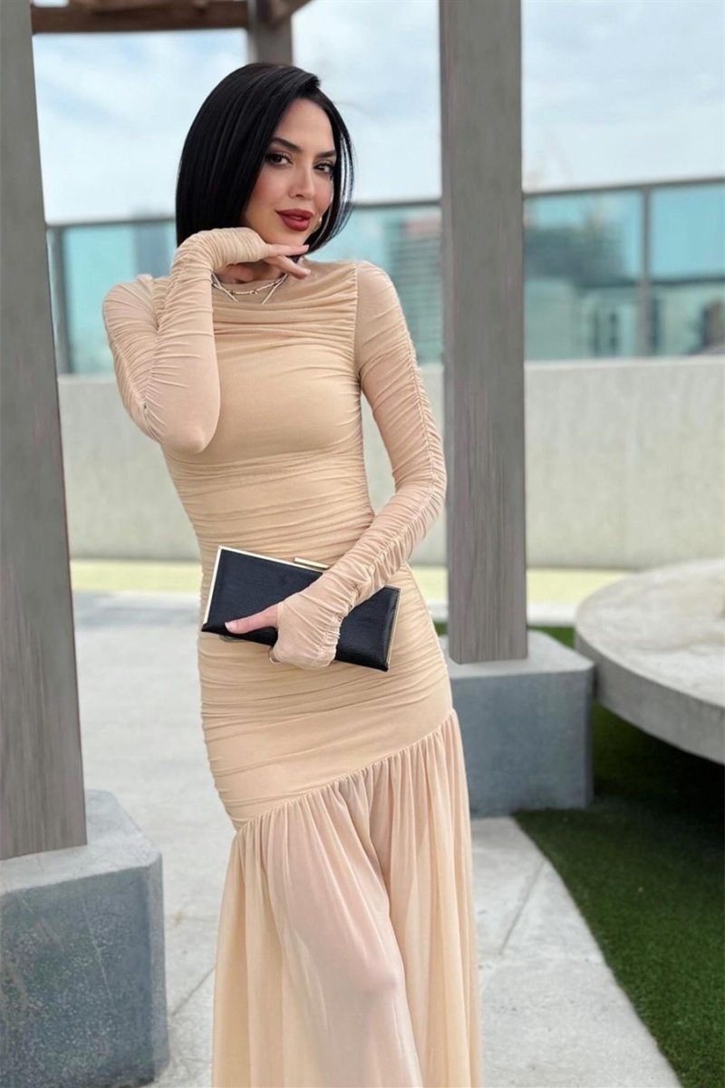 Jessie Long Sleeve Pleated Mesh Maxi Dress Mssaz Desses