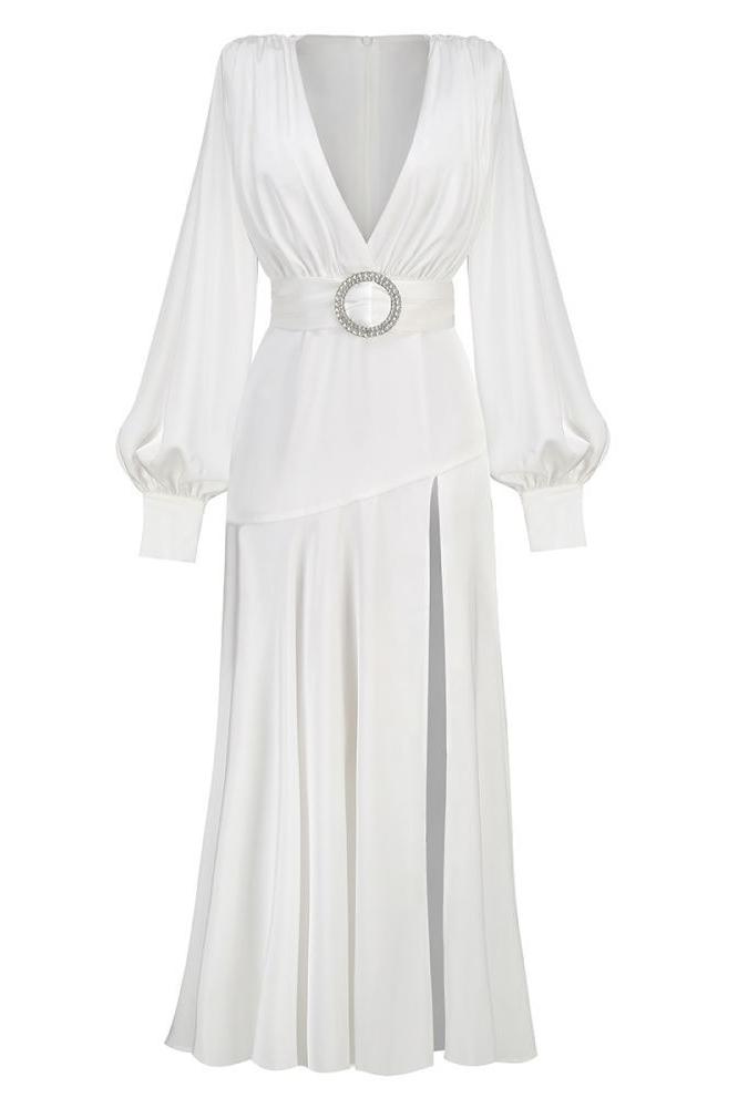 Phoebe V-neck Belted Slit Maxi Dress Mssaz Desses
