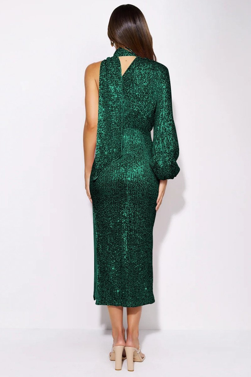 Judith Sequins Halterneck Asymmetry Midi Dress Mssaz Desses