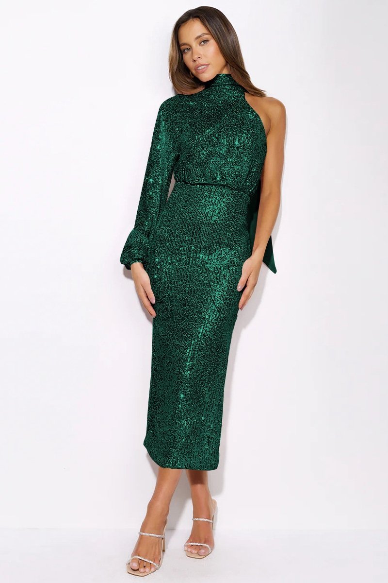 Judith Sequins Halterneck Asymmetry Midi Dress Mssaz Desses