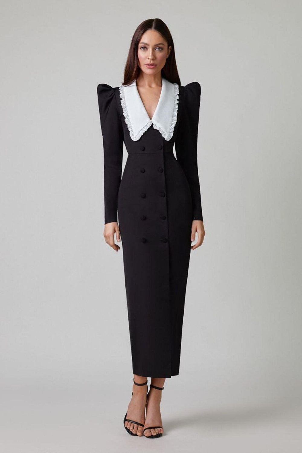 Kathy Peter Pan Collar V-neck Midi Dress Mssaz Desses