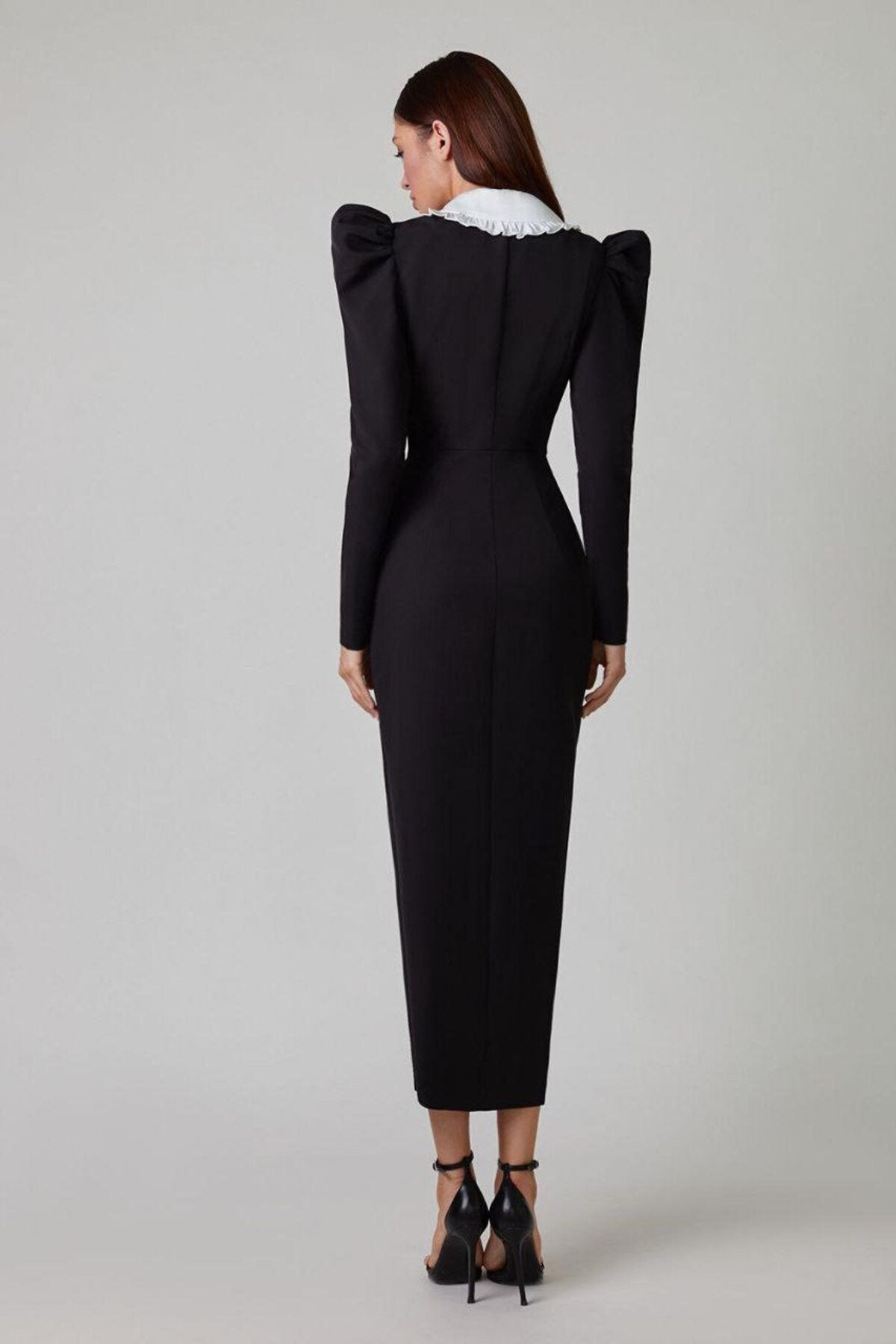 Kathy Peter Pan Collar V-neck Midi Dress Mssaz Desses