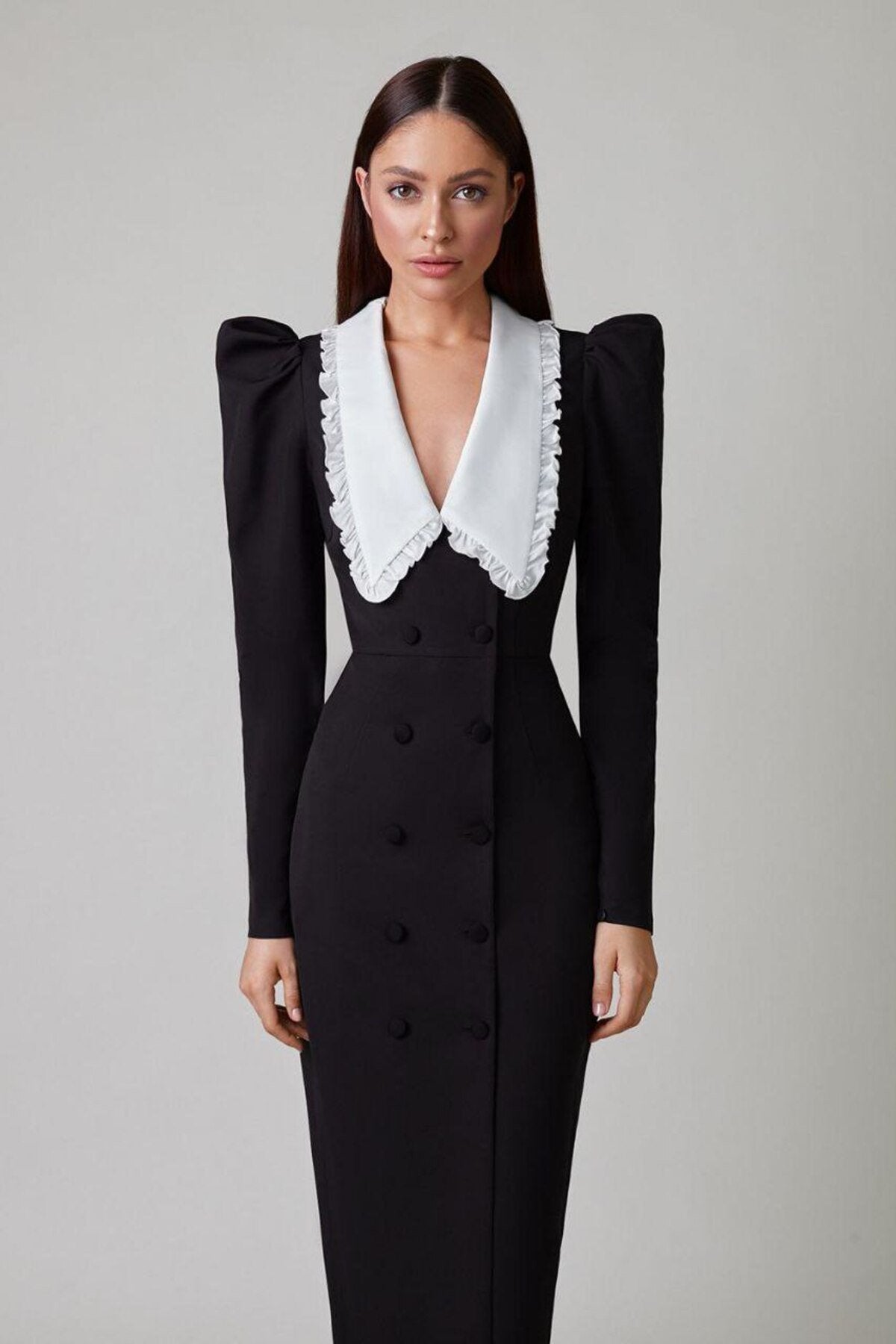 Kathy Peter Pan Collar V-neck Midi Dress Mssaz Desses