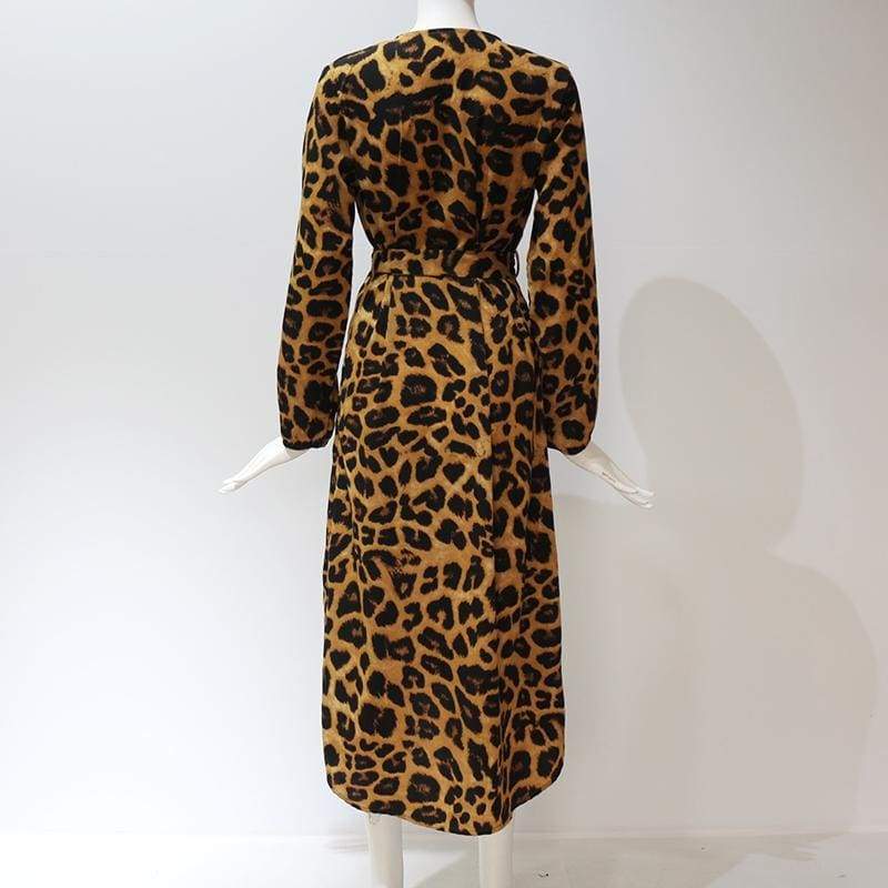 Leopard Dress Loose Long Sleeve Deep V-neck A-line Dress Mssaz Desses