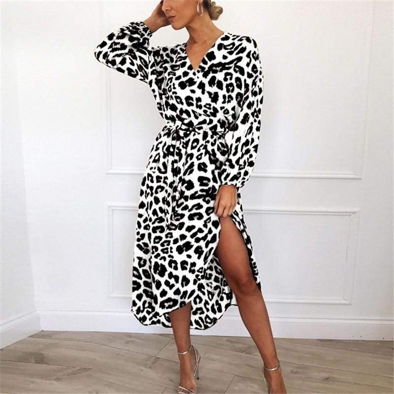 Leopard Dress Loose Long Sleeve Deep V-neck A-line Dress Mssaz Desses