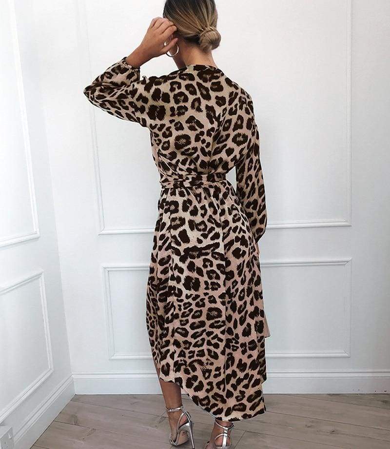 Leopard Dress Loose Long Sleeve Deep V-neck A-line Dress Mssaz Desses