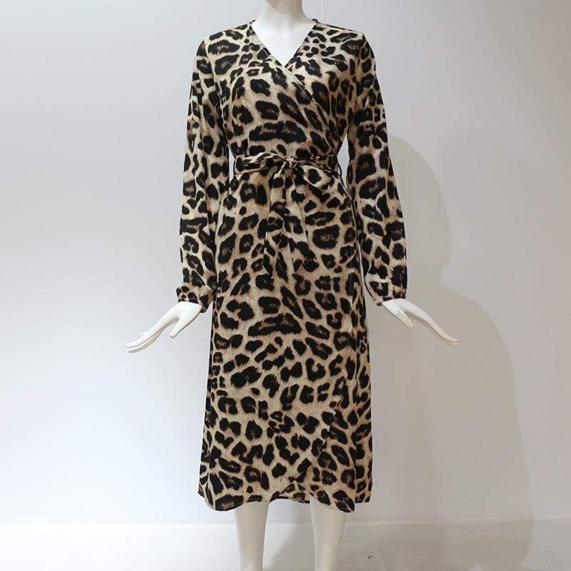 Leopard Dress Loose Long Sleeve Deep V-neck A-line Dress Mssaz Desses