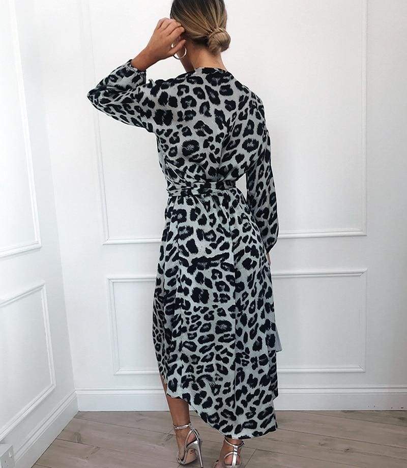 Leopard Dress Loose Long Sleeve Deep V-neck A-line Dress Mssaz Desses