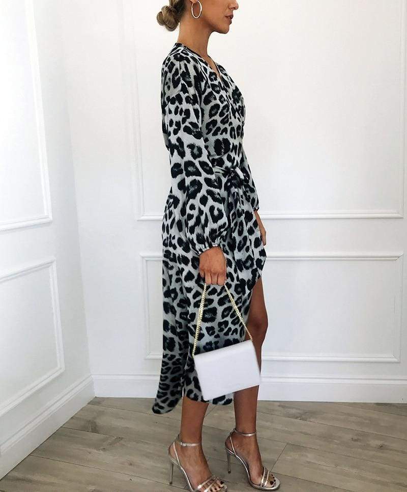Leopard Dress Loose Long Sleeve Deep V-neck A-line Dress Mssaz Desses