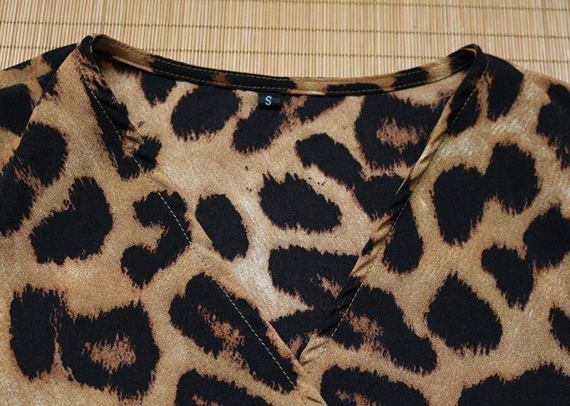 Leopard Dress Loose Long Sleeve Deep V-neck A-line Dress Mssaz Desses