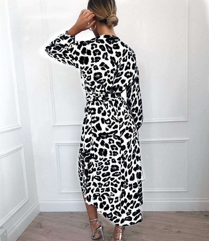 Leopard Dress Loose Long Sleeve Deep V-neck A-line Dress Mssaz Desses