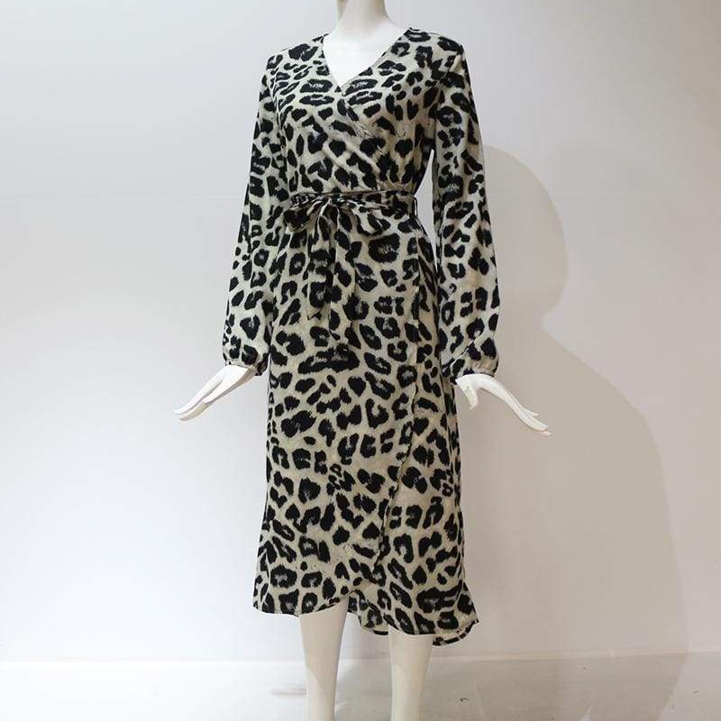 Leopard Dress Loose Long Sleeve Deep V-neck A-line Dress Mssaz Desses