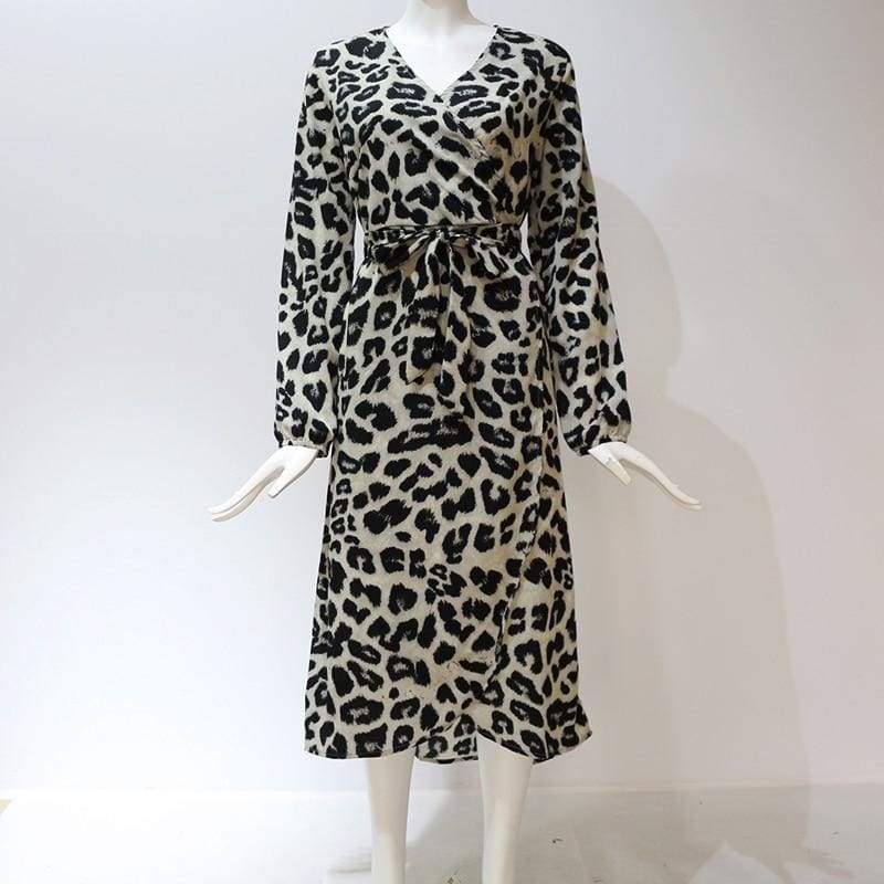 Leopard Dress Loose Long Sleeve Deep V-neck A-line Dress Mssaz Desses