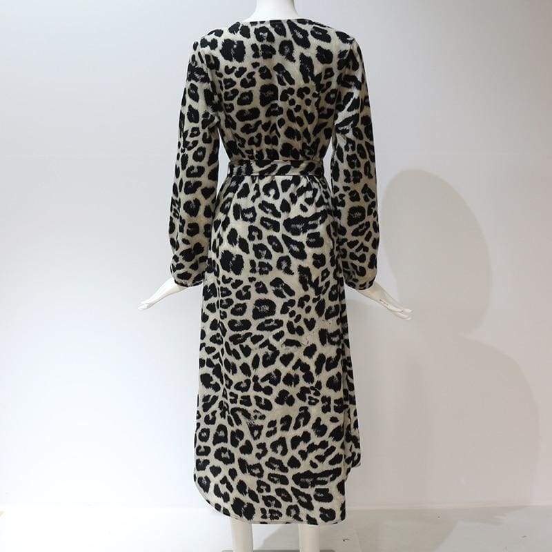 Leopard Dress Loose Long Sleeve Deep V-neck A-line Dress Mssaz Desses