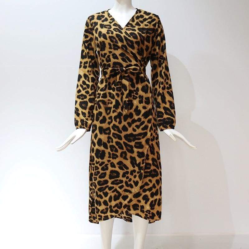 Leopard Dress Loose Long Sleeve Deep V-neck A-line Dress Mssaz Desses