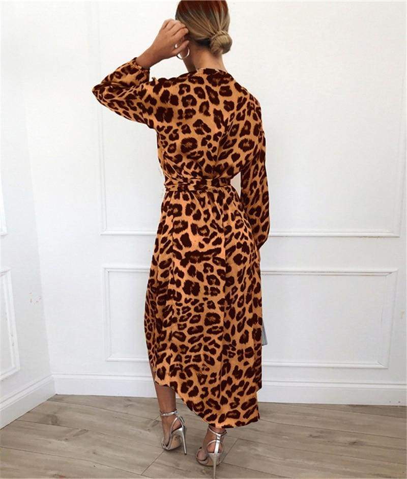 Leopard Dress Loose Long Sleeve Deep V-neck A-line Dress Mssaz Desses