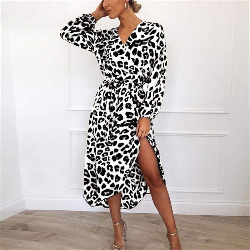 Leopard Dress Loose Long Sleeve Deep V-neck A-line Dress Mssaz Desses