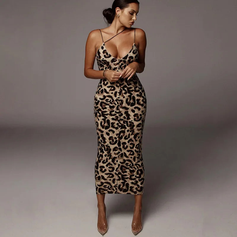 Leopard Print Sleeveless V-neck Spring Streetwear Christmas Party Outfits Midi Dress Mssaz Desses