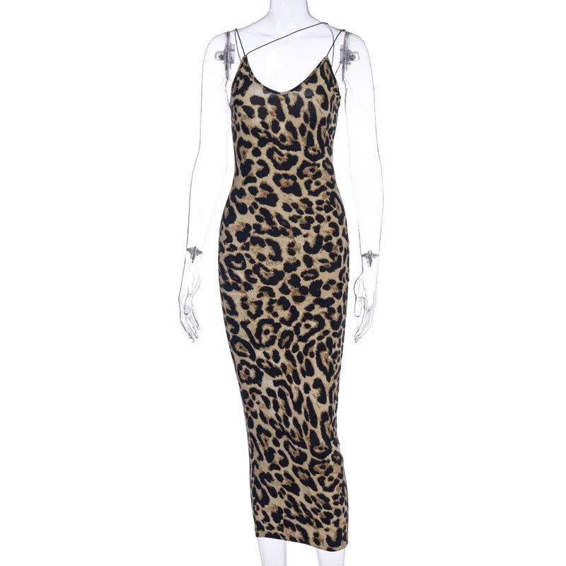 Leopard Print Sleeveless V-neck Spring Streetwear Christmas Party Outfits Midi Dress Mssaz Desses