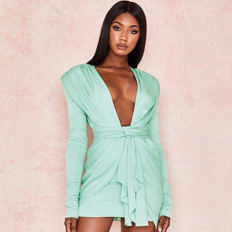 Long Sleeve Vintage  Dresses Deep V Neck Solid Party Dresses Casual Bodycon Short Dress Vestidos Mssaz Desses