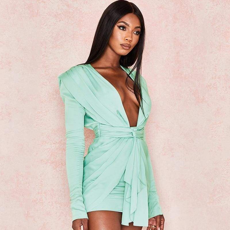 Long Sleeve Vintage  Dresses Deep V Neck Solid Party Dresses Casual Bodycon Short Dress Vestidos Mssaz Desses