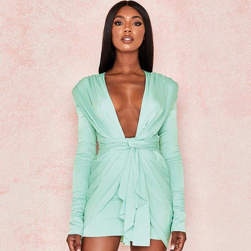 Long Sleeve Vintage  Dresses Deep V Neck Solid Party Dresses Casual Bodycon Short Dress Vestidos Mssaz Desses