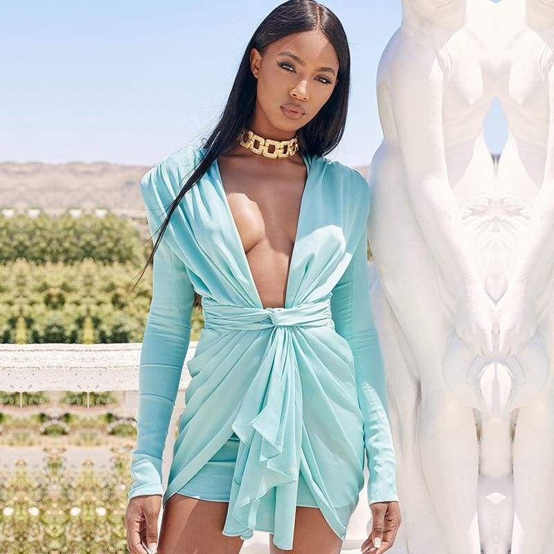 Long Sleeve Vintage  Dresses Deep V Neck Solid Party Dresses Casual Bodycon Short Dress Vestidos Mssaz Desses