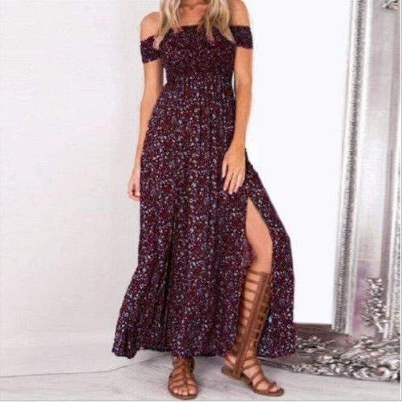 New Boho Off shoulder High Waist Short Sleeve Maxi Dress Ladeis  Floral Beach Casual Long Sundress Mssaz Desses