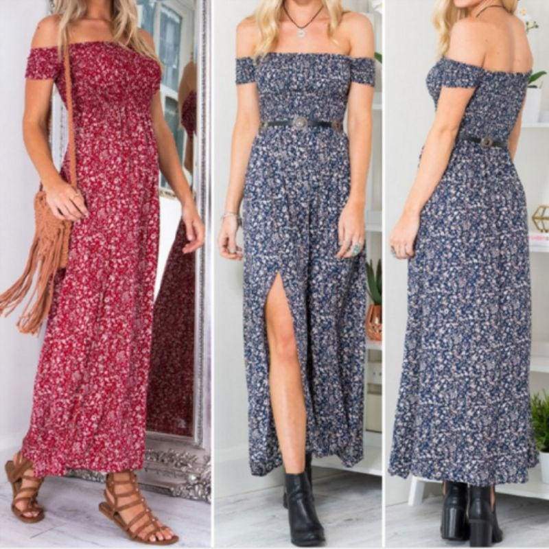 New Boho Off shoulder High Waist Short Sleeve Maxi Dress Ladeis  Floral Beach Casual Long Sundress Mssaz Desses