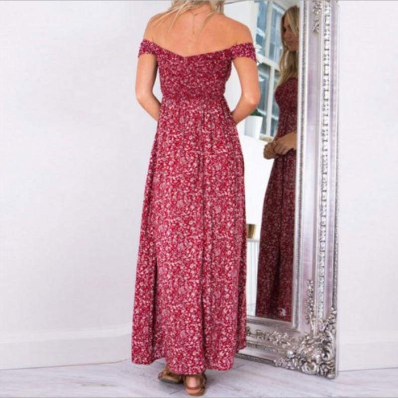 New Boho Off shoulder High Waist Short Sleeve Maxi Dress Ladeis  Floral Beach Casual Long Sundress Mssaz Desses