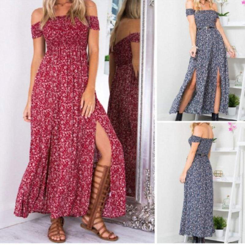 New Boho Off shoulder High Waist Short Sleeve Maxi Dress Ladeis  Floral Beach Casual Long Sundress Mssaz Desses