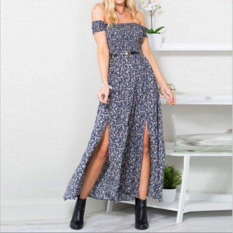 New Boho Off shoulder High Waist Short Sleeve Maxi Dress Ladeis  Floral Beach Casual Long Sundress Mssaz Desses