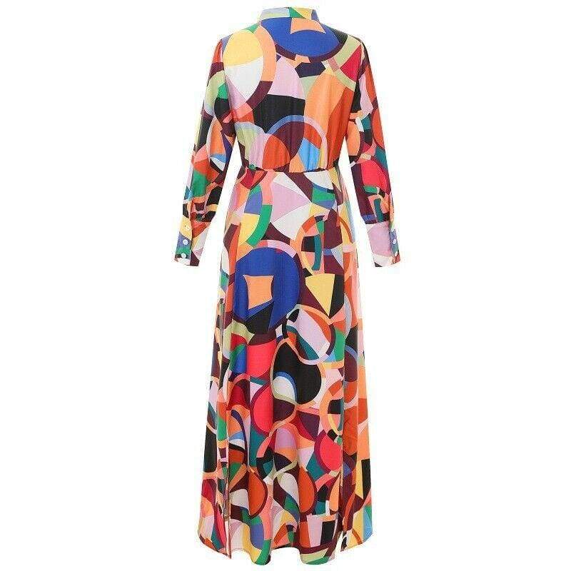 New Geometric High Neck Long Maxi Dress Ladies  Autumn Long Sleeve Evening Party Dress Sundress Plus Size Mssaz Desses