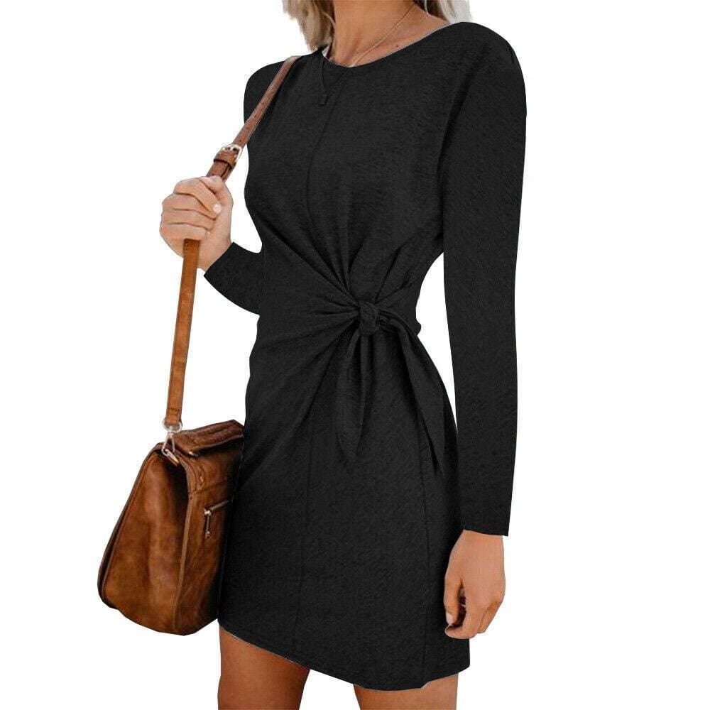 New Casual Sweatshirt Long Sleeve Crew Neck Lace-Up Autumn Winter Dress Elegant Ladies Bodycon T-Shirt Dress Mssaz Desses