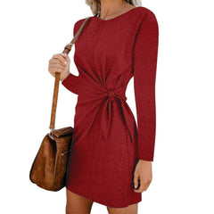 New Casual Sweatshirt Long Sleeve Crew Neck Lace-Up Autumn Winter Dress Elegant Ladies Bodycon T-Shirt Dress Mssaz Desses