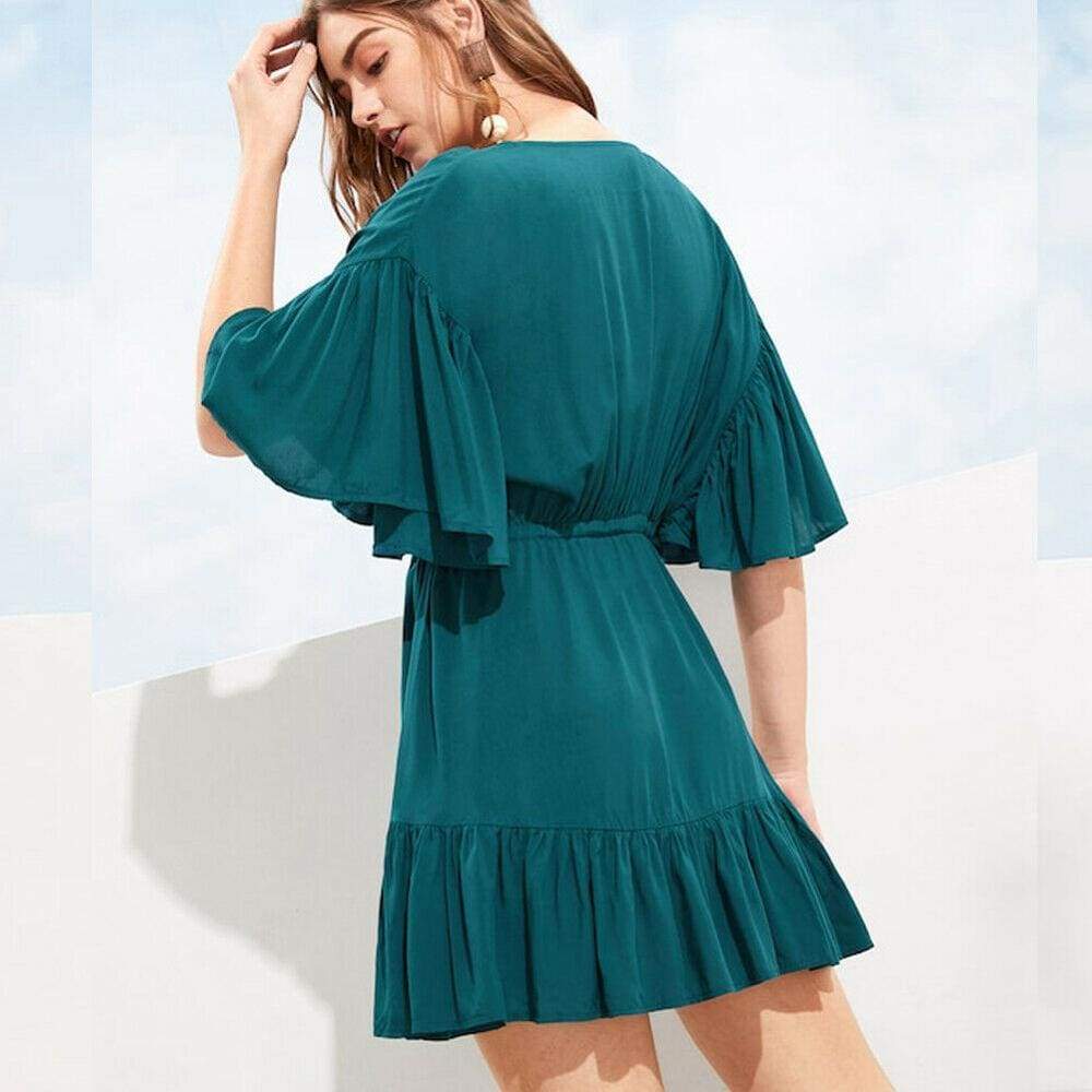 New Green V-neck Frill Mini Short Dress Ladies Short Sleeve  Beach Skater Slim Sundress Mssaz Desses