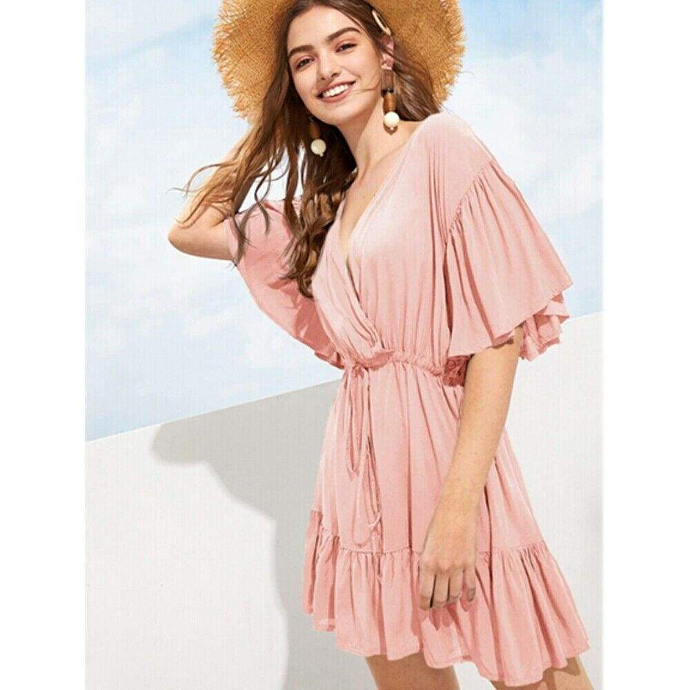New Green V-neck Frill Mini Short Dress Ladies Short Sleeve  Beach Skater Slim Sundress Mssaz Desses