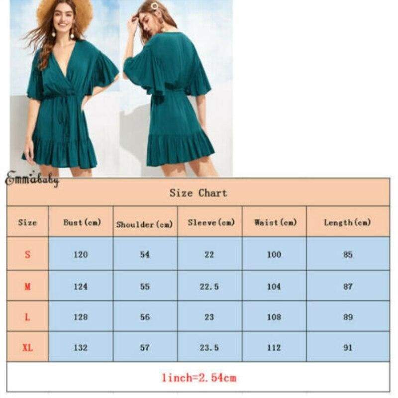 New Green V-neck Frill Mini Short Dress Ladies Short Sleeve  Beach Skater Slim Sundress Mssaz Desses