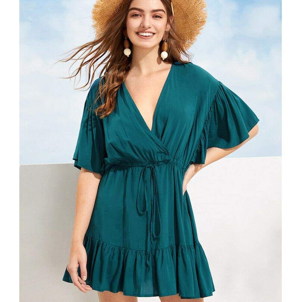 New Green V-neck Frill Mini Short Dress Ladies Short Sleeve  Beach Skater Slim Sundress Mssaz Desses