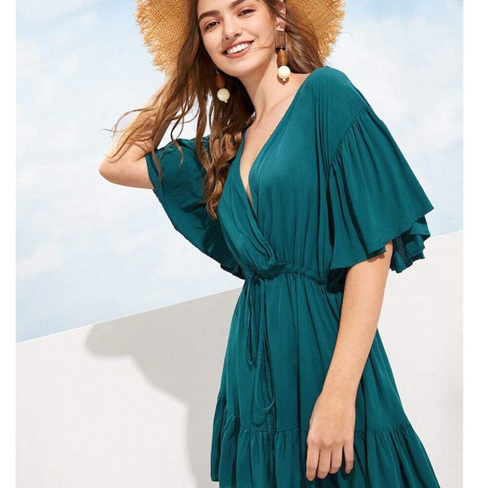 New Green V-neck Frill Mini Short Dress Ladies Short Sleeve  Beach Skater Slim Sundress Mssaz Desses