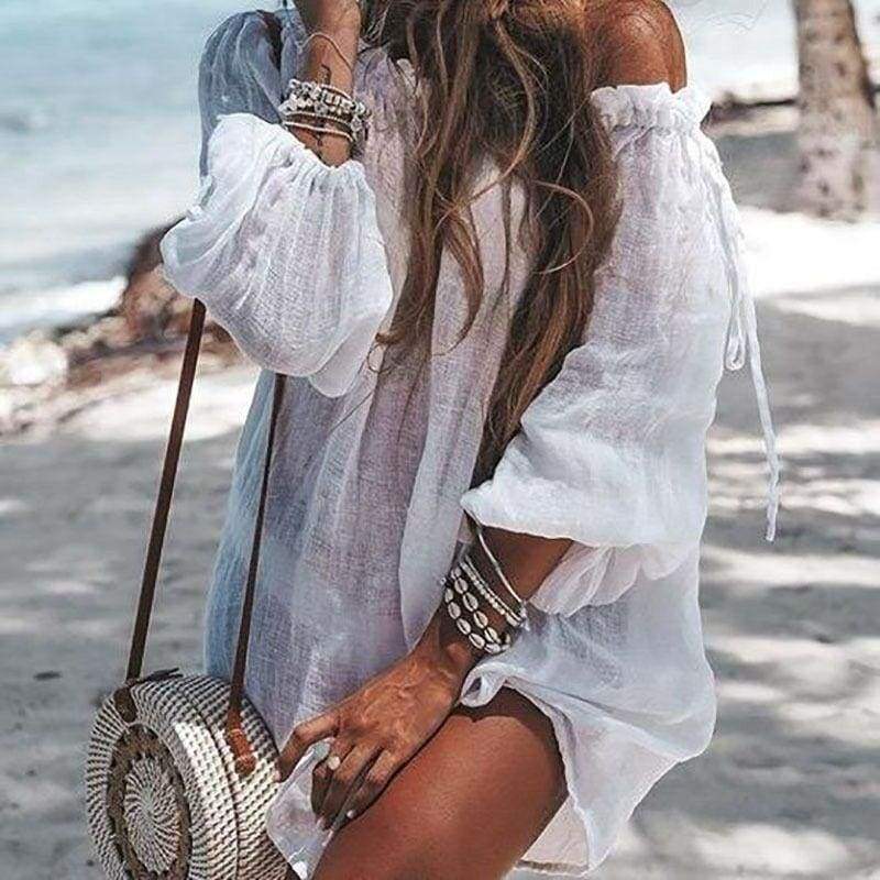 New Ladies Boho   Off Shoulder Mini Short Dress  Beach Solid Casual Loose Dress Sundress Mssaz Desses