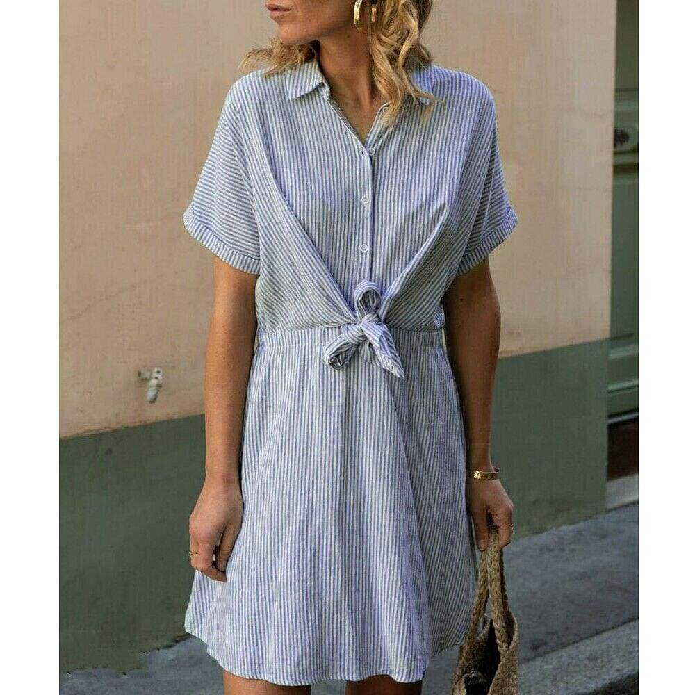 New Short Sleeve Button Bandage Dress  Ladies V Neck Belted Casual Beach Party Striped Sundress Mssaz Desses