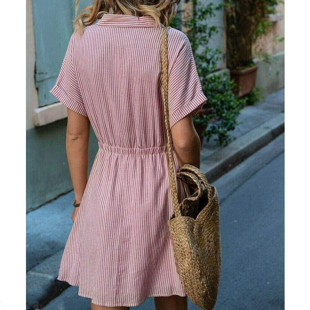 New Short Sleeve Button Bandage Dress  Ladies V Neck Belted Casual Beach Party Striped Sundress Mssaz Desses