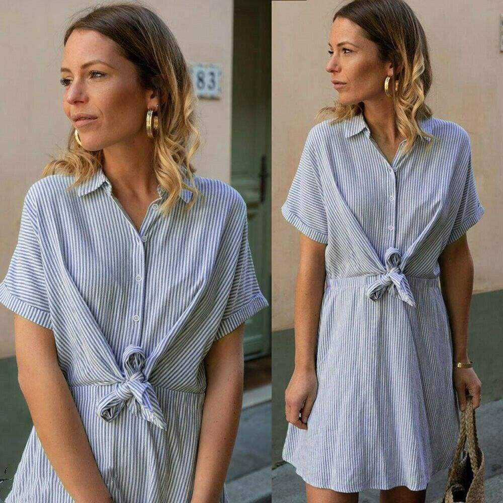 New Short Sleeve Button Bandage Dress  Ladies V Neck Belted Casual Beach Party Striped Sundress Mssaz Desses