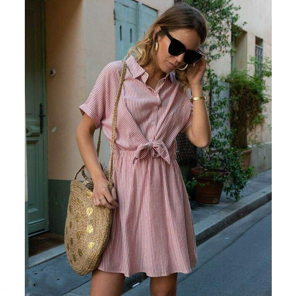 New Short Sleeve Button Bandage Dress  Ladies V Neck Belted Casual Beach Party Striped Sundress Mssaz Desses
