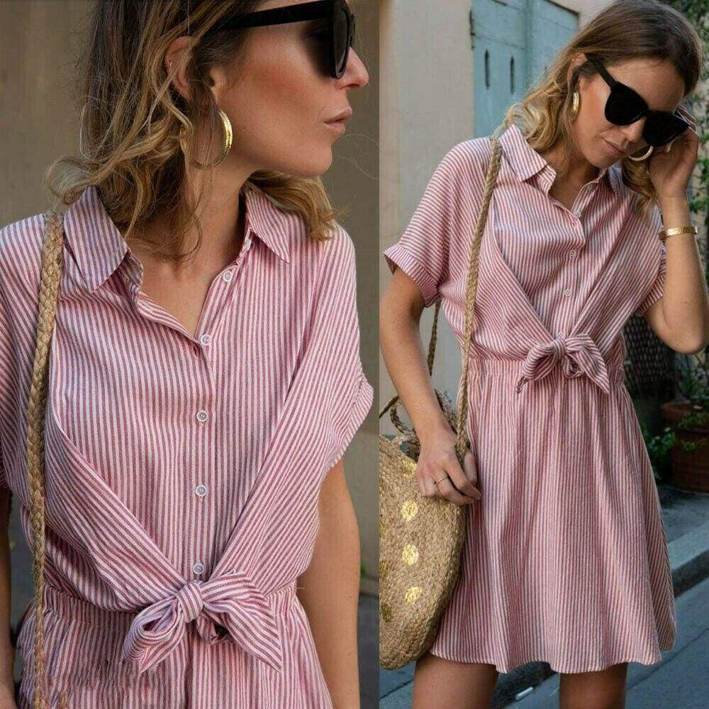 New Short Sleeve Button Bandage Dress  Ladies V Neck Belted Casual Beach Party Striped Sundress Mssaz Desses