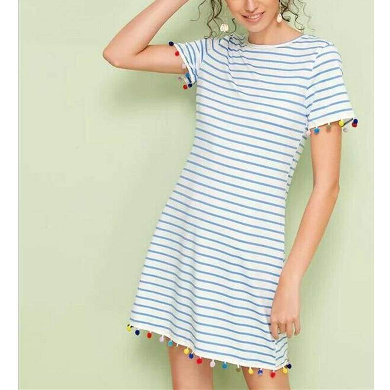 New Short Sleeve Mini T-shirt Dress  Ladies Casual Round Neck Striped Tassel Loose Beach Sundress Mssaz Desses