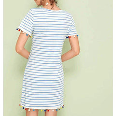 New Short Sleeve Mini T-shirt Dress  Ladies Casual Round Neck Striped Tassel Loose Beach Sundress Mssaz Desses